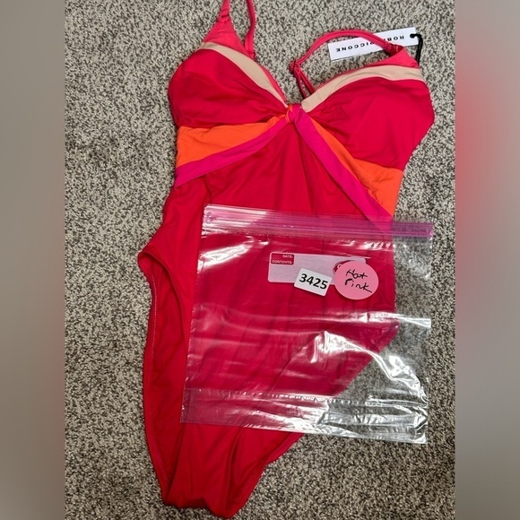 One Piece Swimsuit Pink and Orange Robin Piccone Hi Cut Cheeky Plunge 3425 Tags - Picture 12 of 12